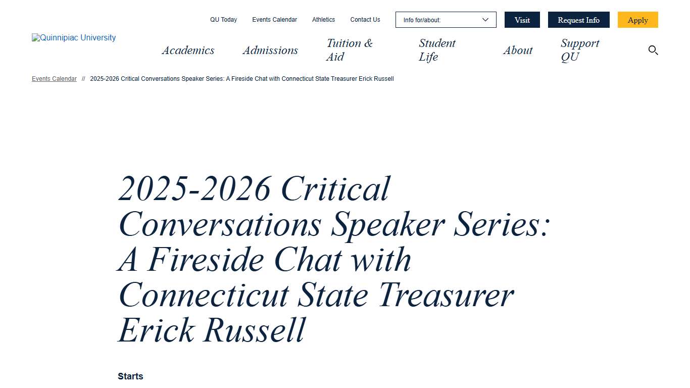 2025-2026 Critical Conversations Speaker Series: A Fireside Chat with Connecticut State Treasurer Erick Russell 10-21-2025 12:30 PM Quinnipiac Events